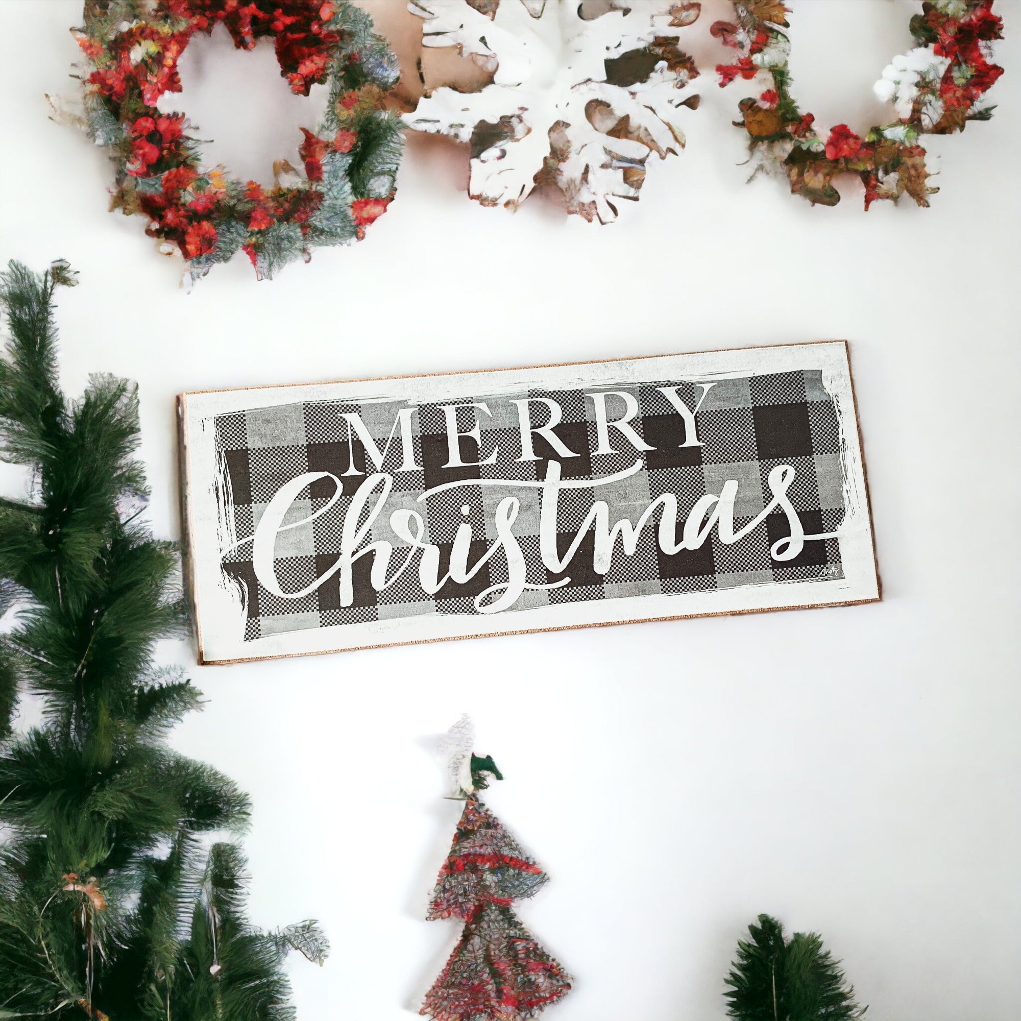 A handmade Buffalo Check Sign made of thick wood, featuring a classic black and white checkered pattern, perfect for holiday decor.