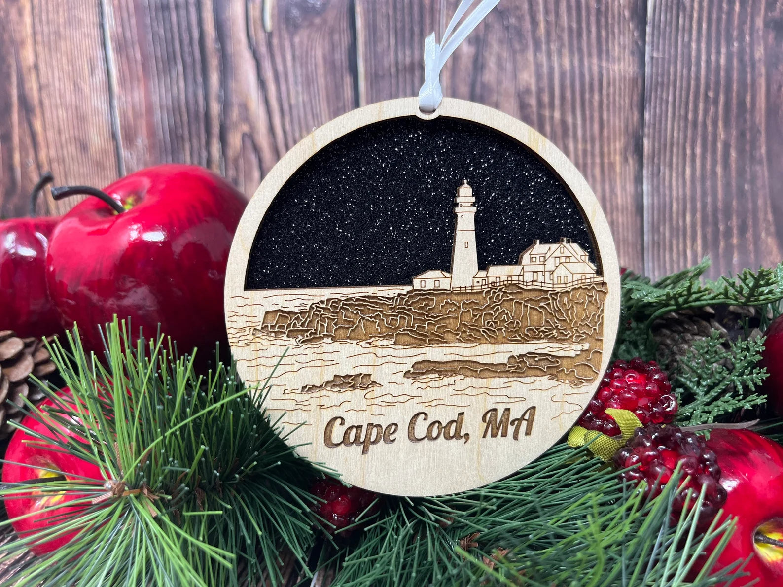 Cape Cod Skyline Ornament made from premium Baltic birch wood, showcasing intricate skyline details.