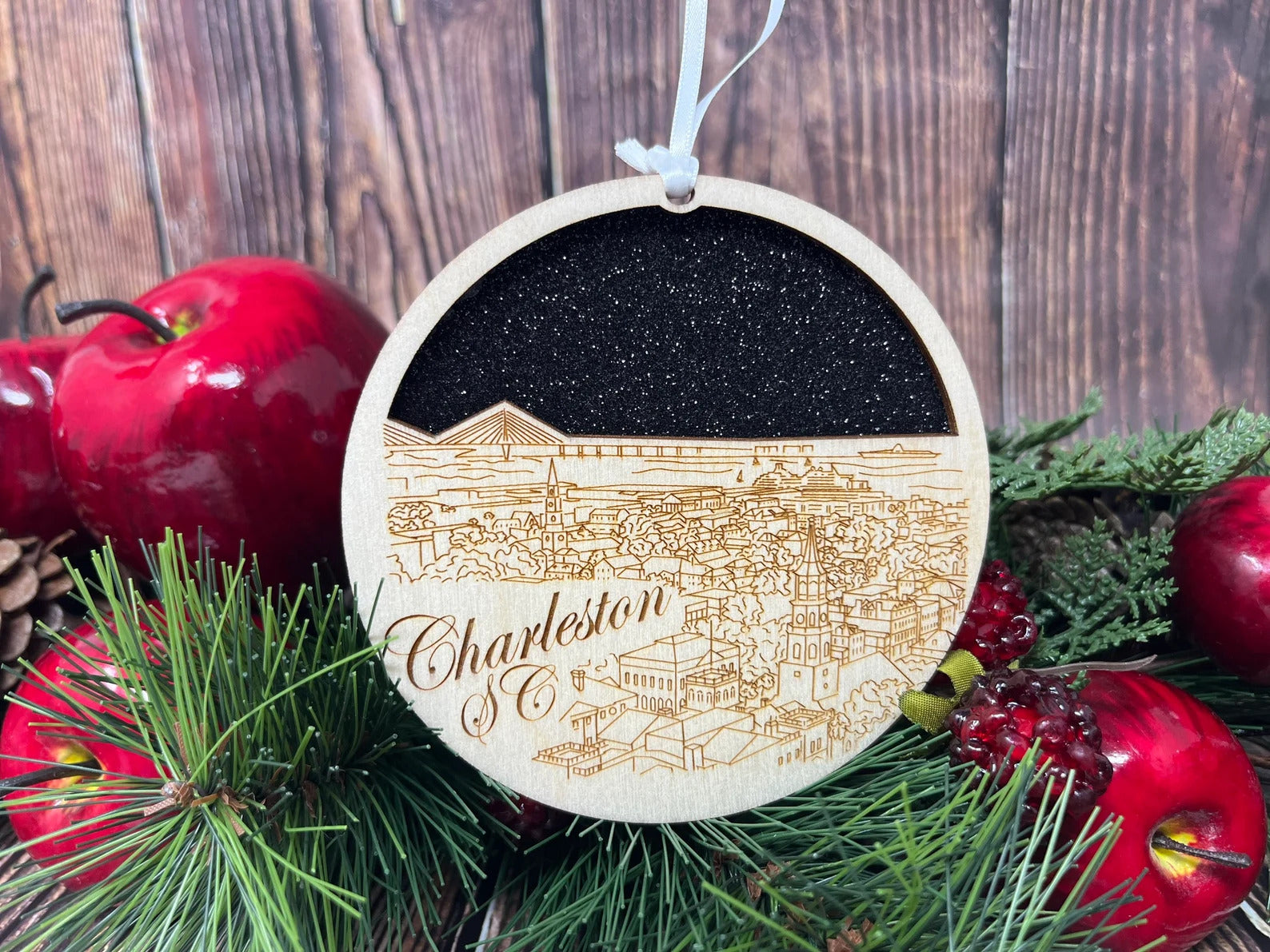 Charleston SC skyline ornament made of premium Baltic birch wood, showcasing intricate details and a natural finish.