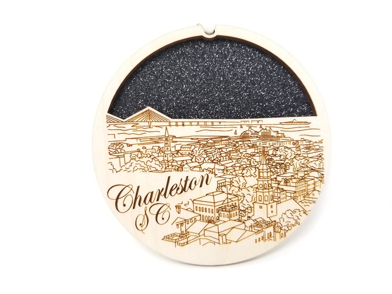 Charleston SC skyline ornament made of premium Baltic birch wood, showcasing intricate details and a natural finish.