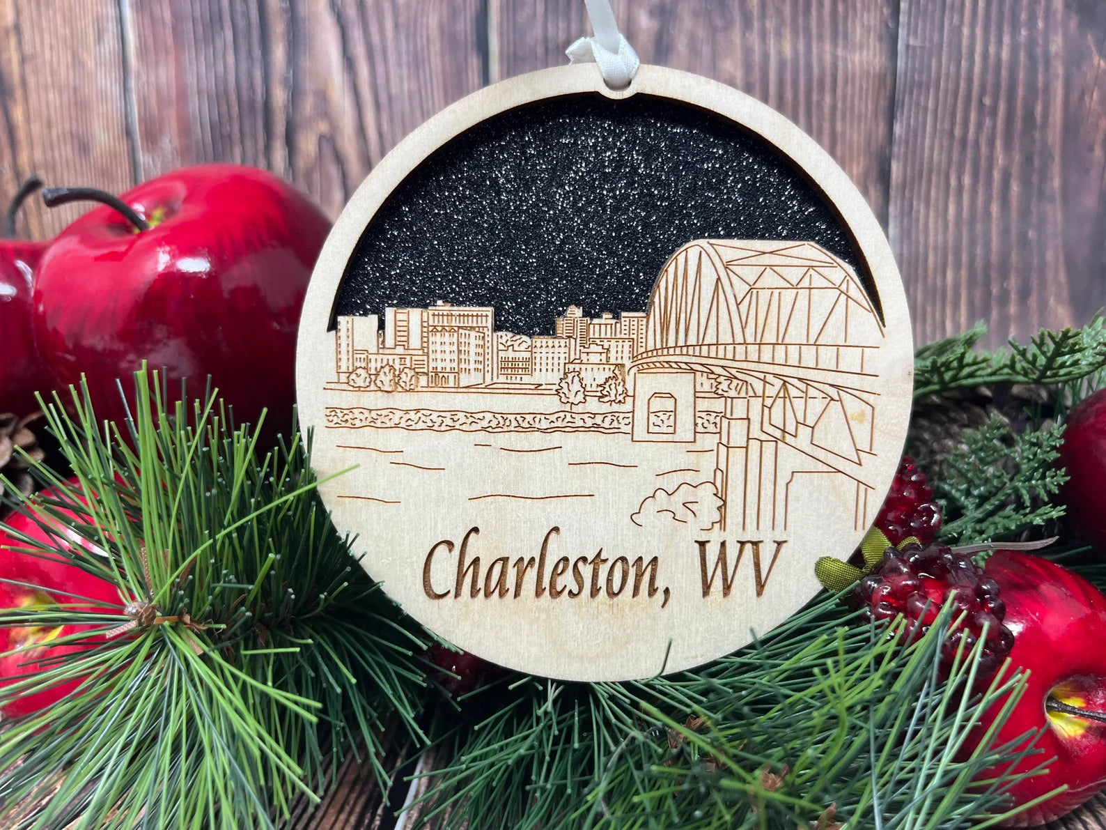 Charleston WV Skyline Ornament made from premium Baltic birch wood, showcasing intricate skyline details.