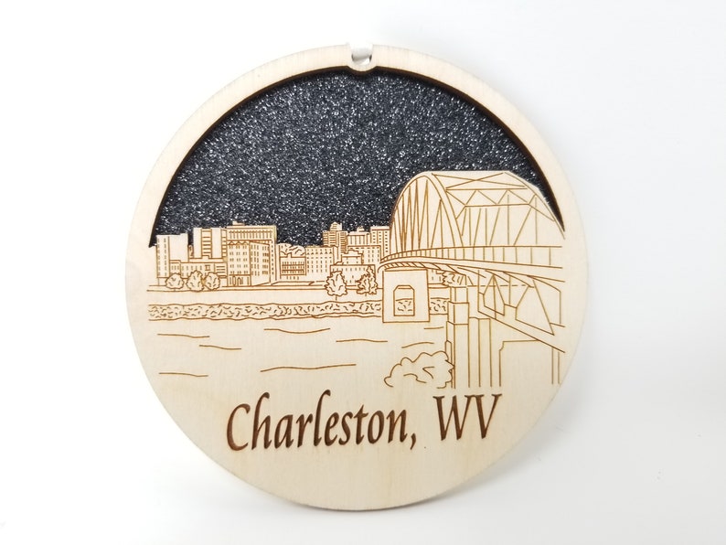 Charleston WV Skyline Ornament made from premium Baltic birch wood, showcasing intricate skyline details.