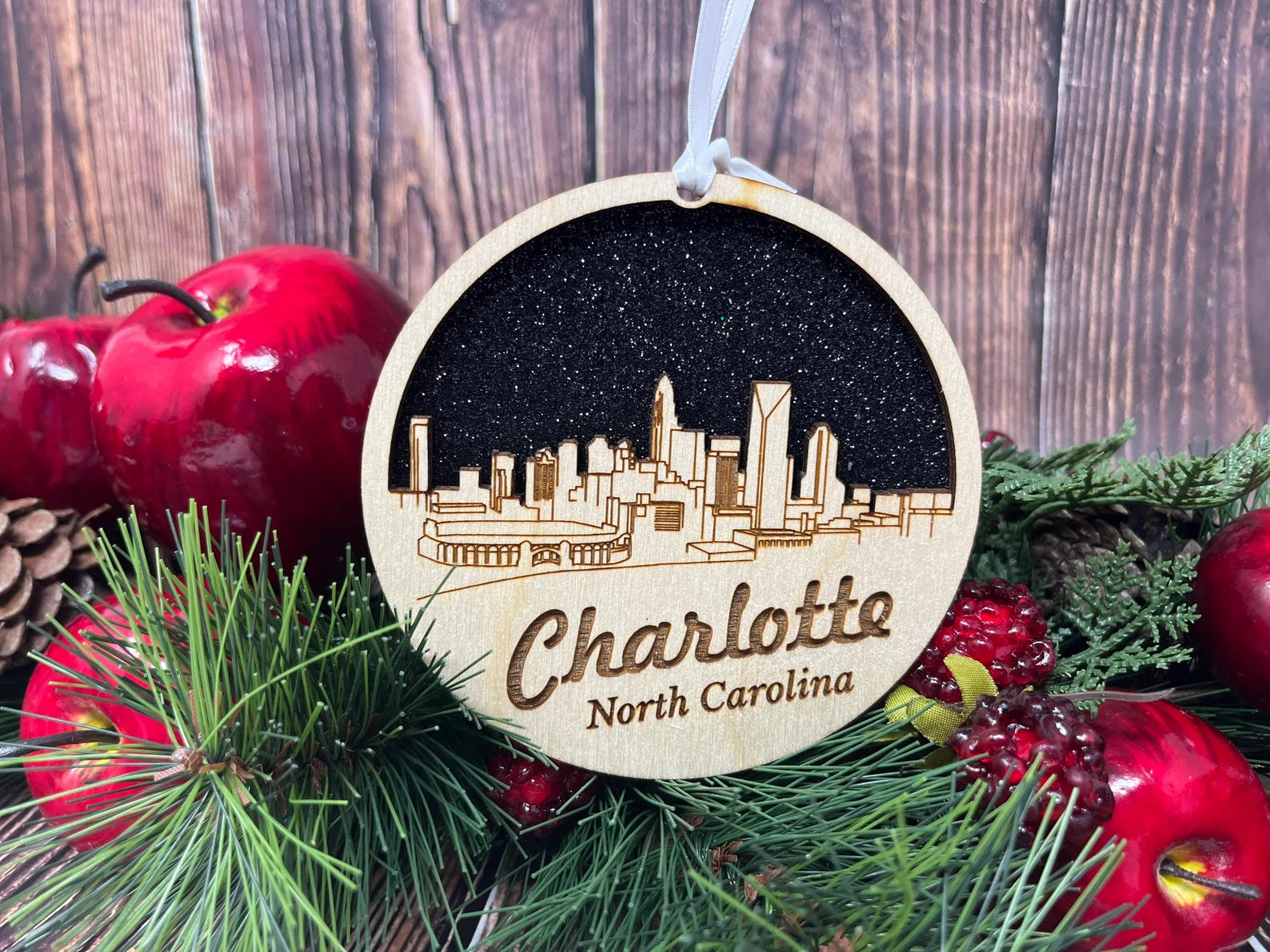 Charlotte Skyline Ornament made from premium Baltic birch wood, showcasing the iconic skyline design.