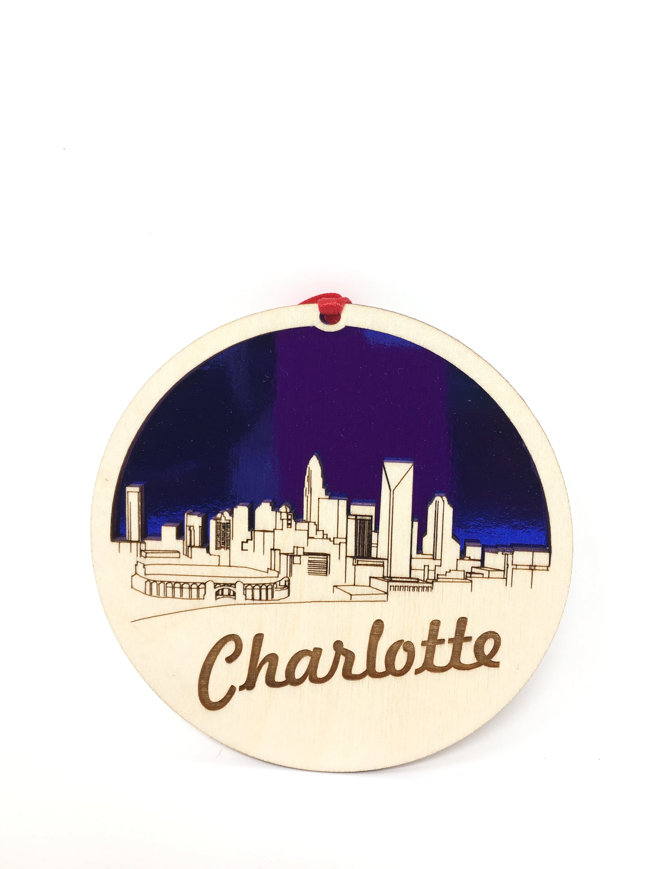 Charlotte Skyline Ornament made from premium Baltic birch wood, showcasing the iconic skyline design.