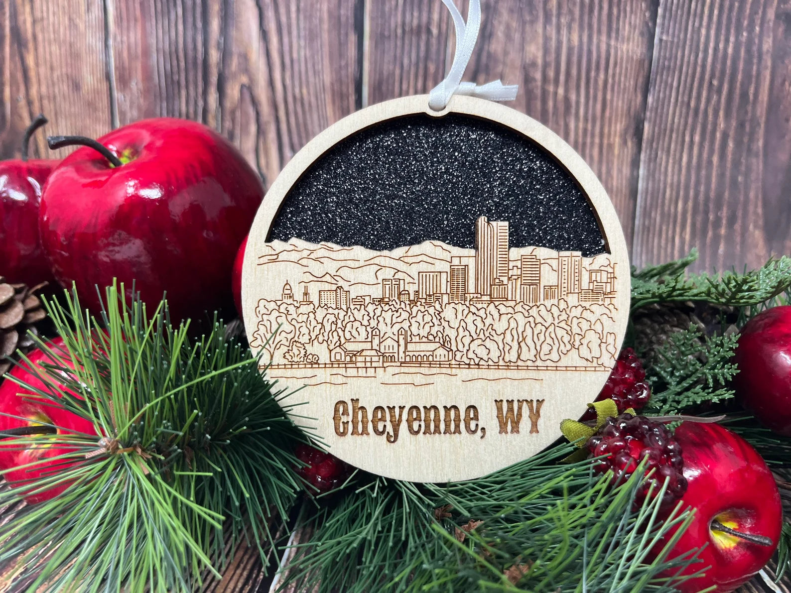 Cheyenne Skyline Ornament made from premium Baltic birch wood, showcasing the city's skyline design.