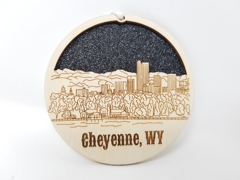 Cheyenne Skyline Ornament made from premium Baltic birch wood, showcasing the city's skyline design.