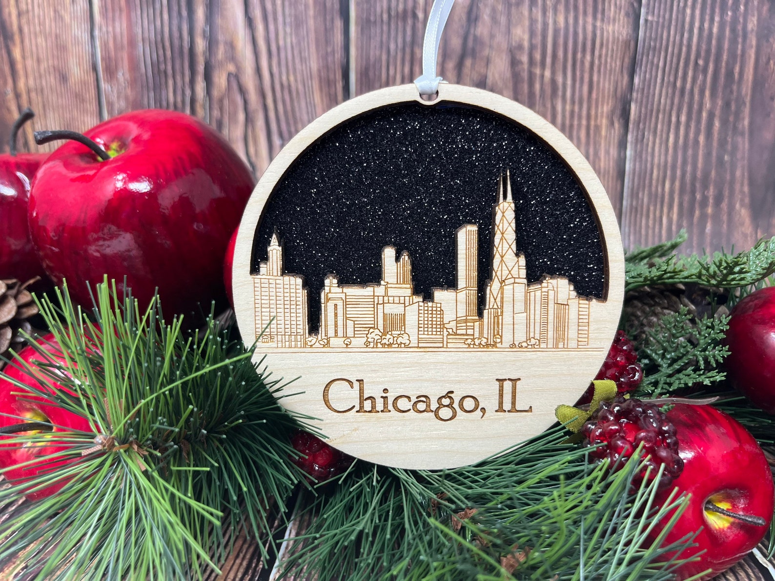 Chicago Skyline Ornament made from premium Baltic birch wood, showcasing iconic city landmarks in a beautiful design.