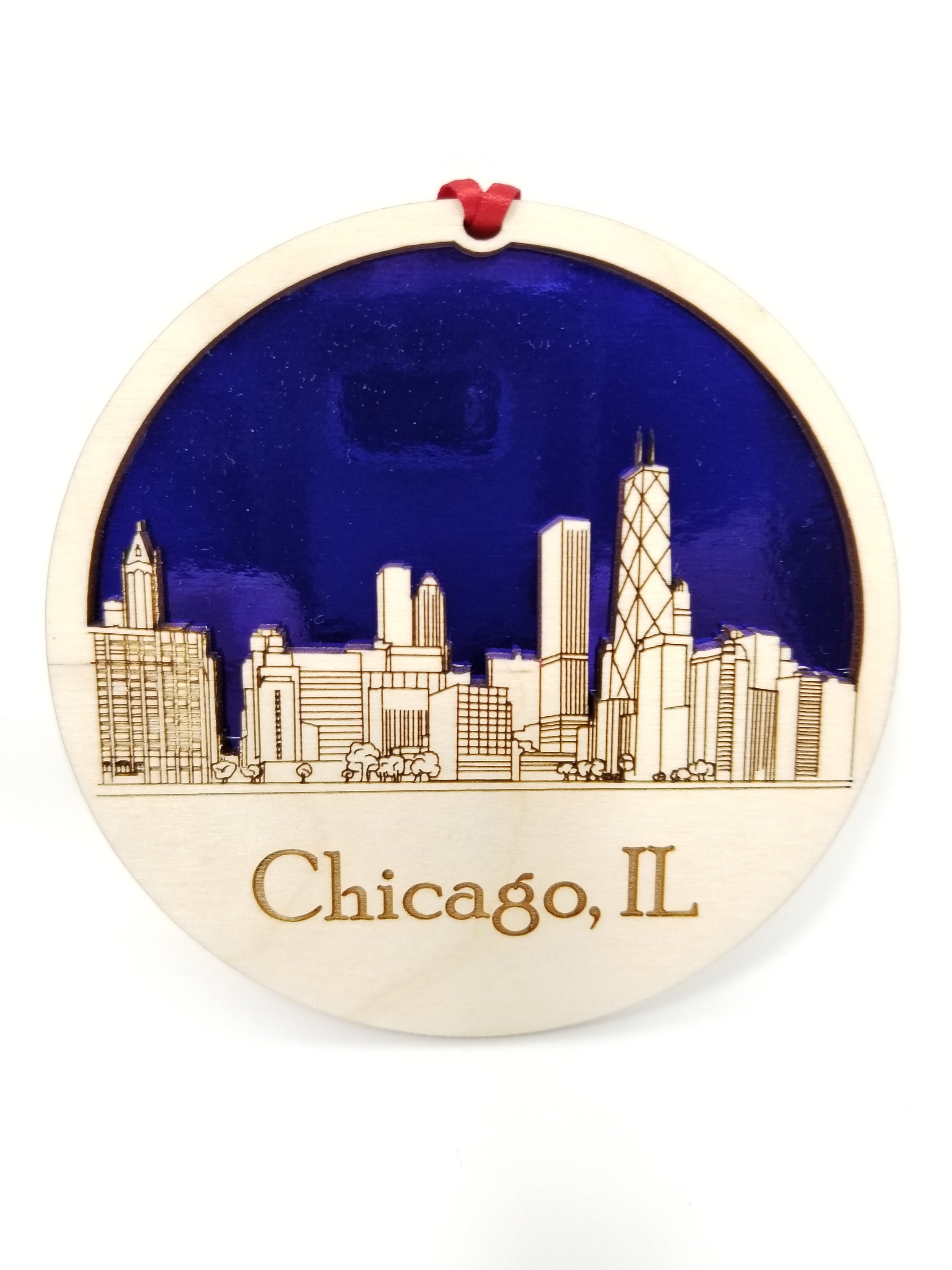 Chicago Skyline Ornament made from premium Baltic birch wood, showcasing iconic city landmarks in a beautiful design.