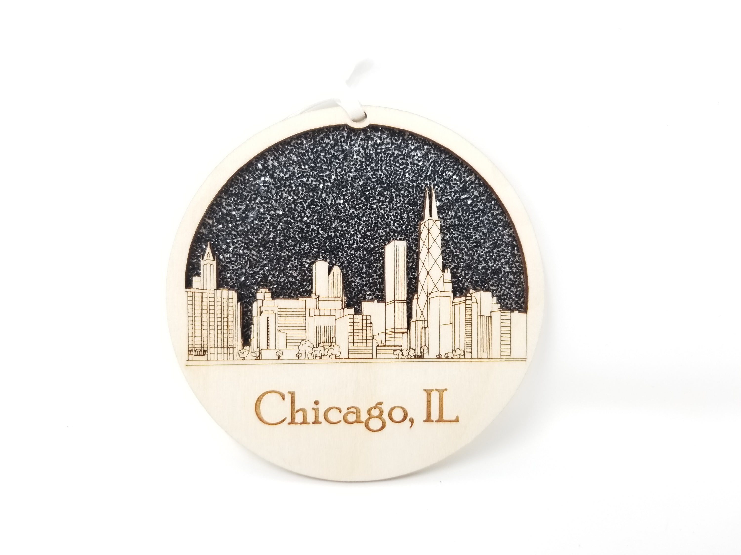 Chicago Skyline Ornament made from premium Baltic birch wood, showcasing iconic city landmarks in a beautiful design.