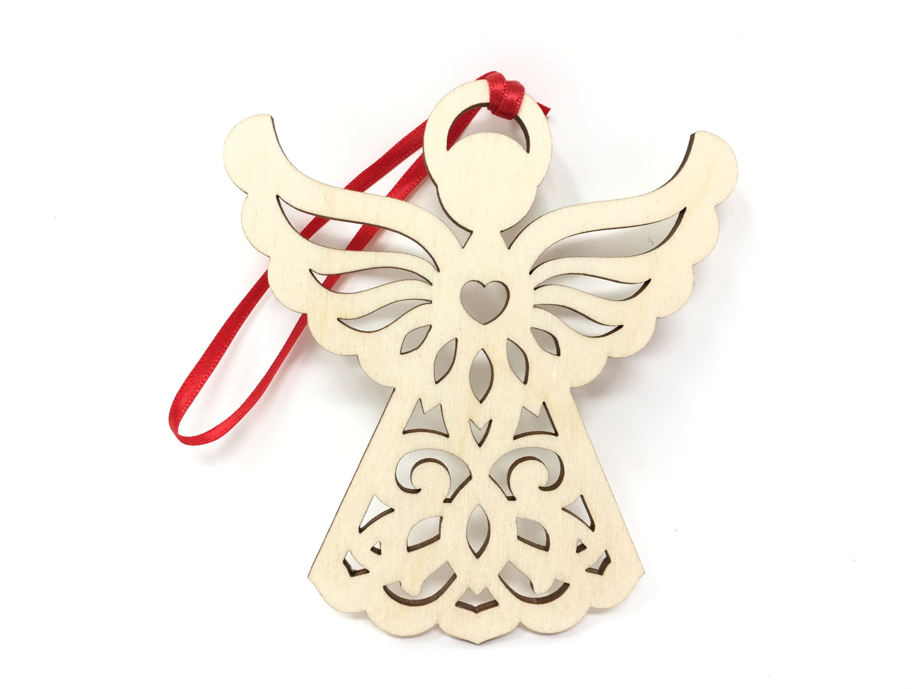 Beautifully crafted Christmas Angel ornament made from birch wood, featuring intricate designs and an elegant ribbon, packaged in a premium jewelry box.