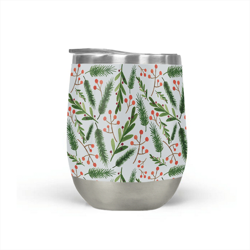 A stylish Christmas Branch Stemless Wine Tumbler made of stainless steel, featuring a festive design and a double-wall vacuum insulation for optimal temperature control.