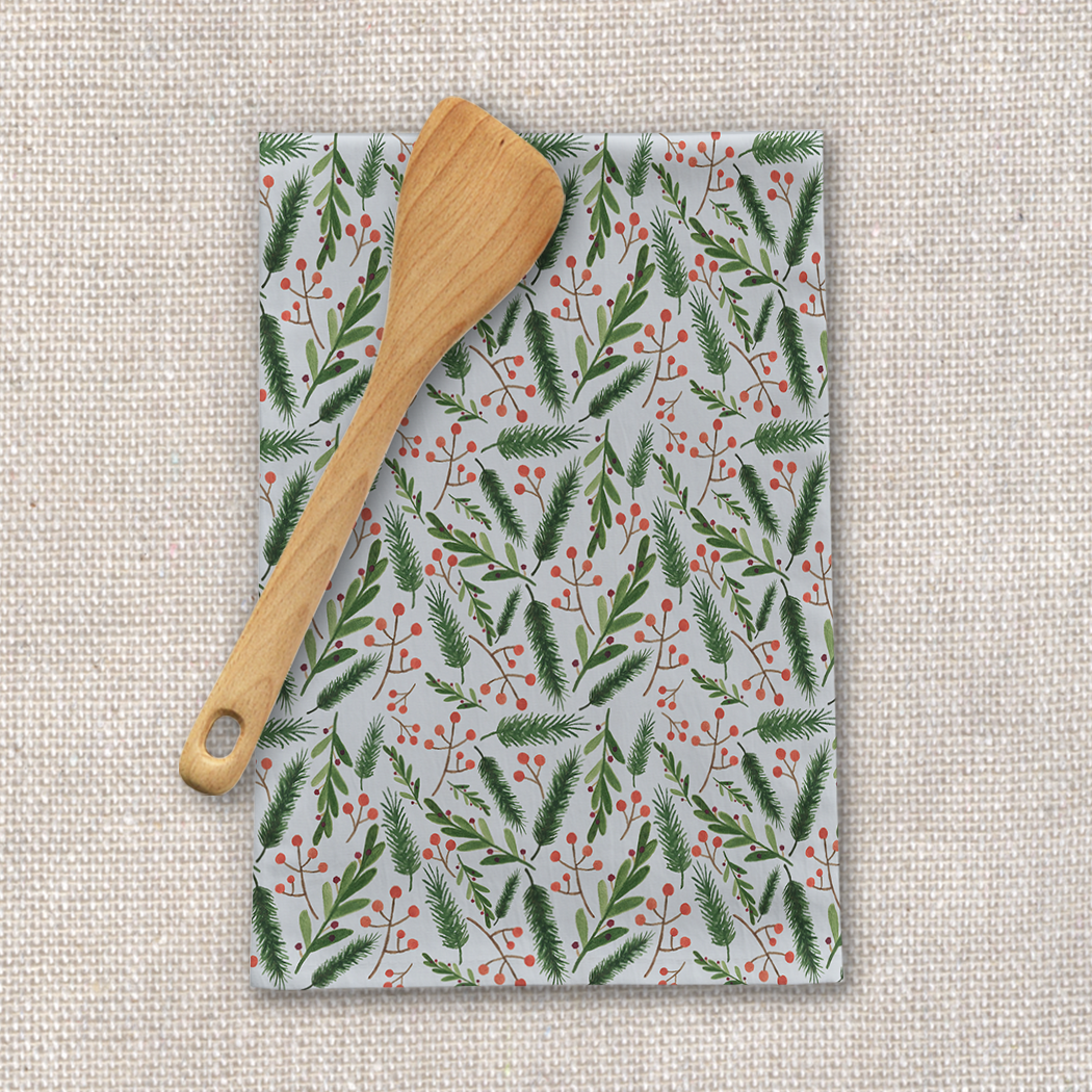 A festive Christmas Branch Tea Towel made of cotton twill, featuring a beautiful holiday-themed design, perfect for kitchen decor.