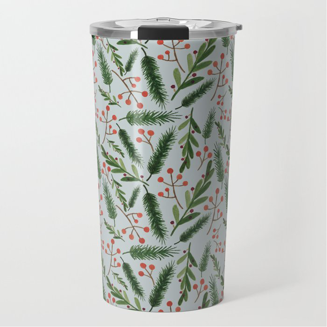 A stylish Christmas Branch Travel Coffee Mug made of stainless steel with festive artwork, perfect for hot and cold beverages.