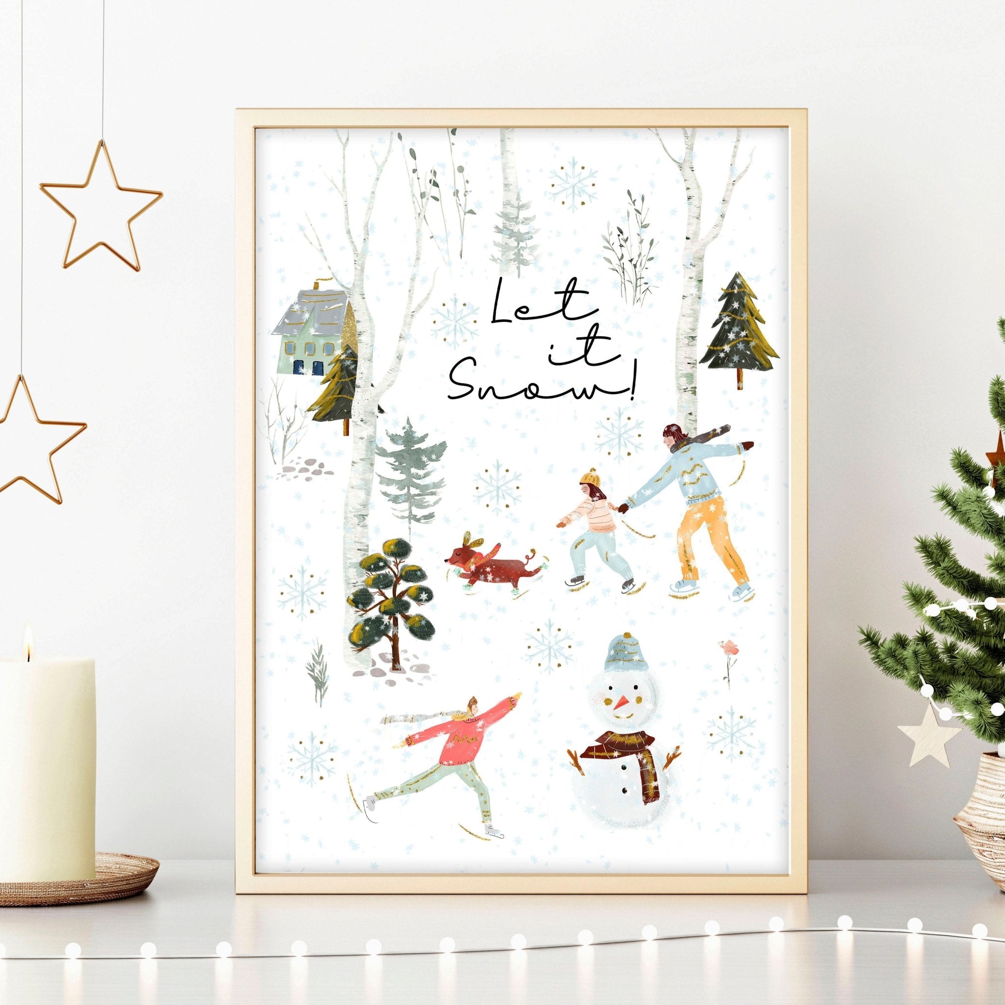 A beautiful Christmas indoor wall art print featuring a snowy forest, a cheerful snowman, and people skating, all in vibrant watercolour.