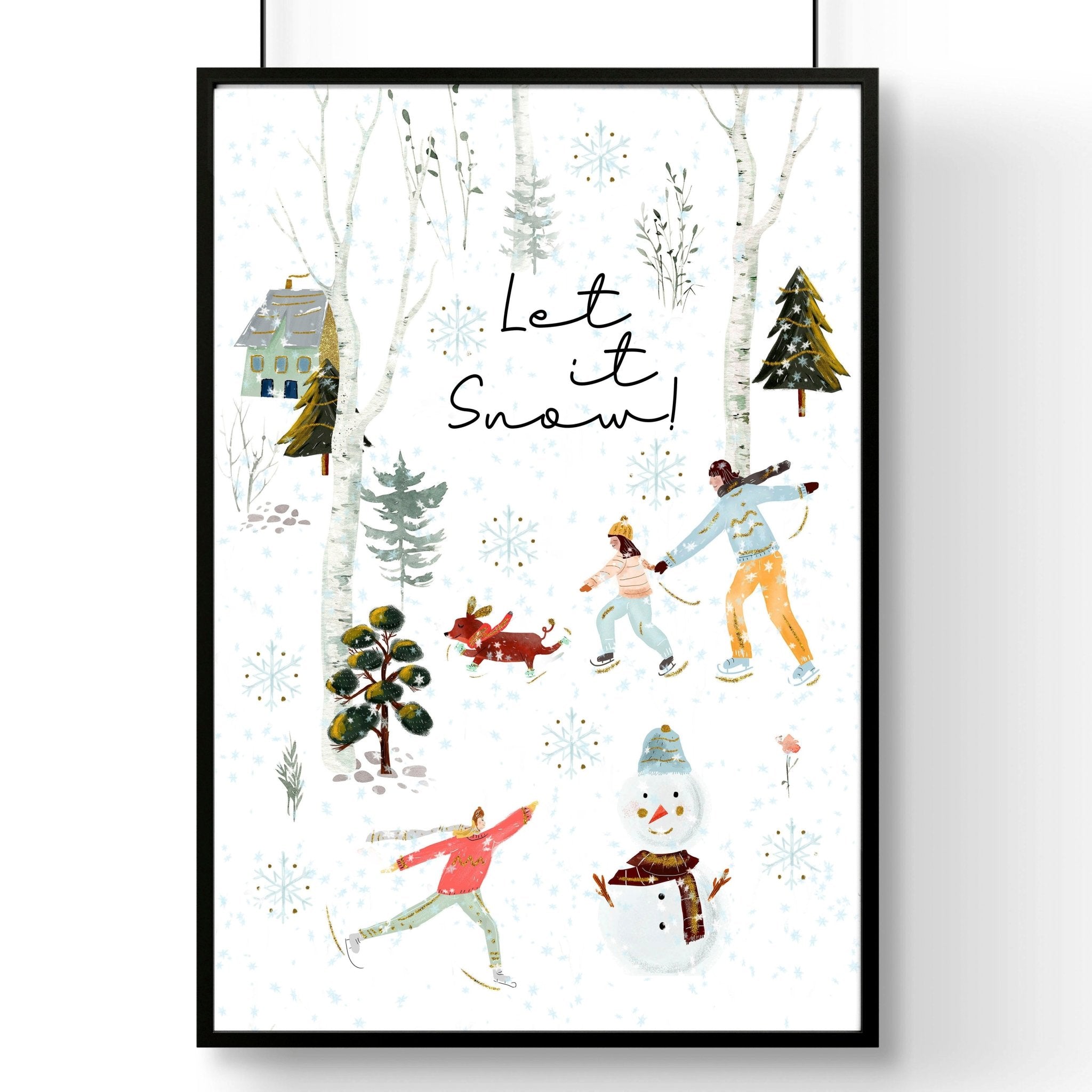 A beautiful Christmas indoor wall art print featuring a snowy forest, a cheerful snowman, and people skating, all in vibrant watercolour.