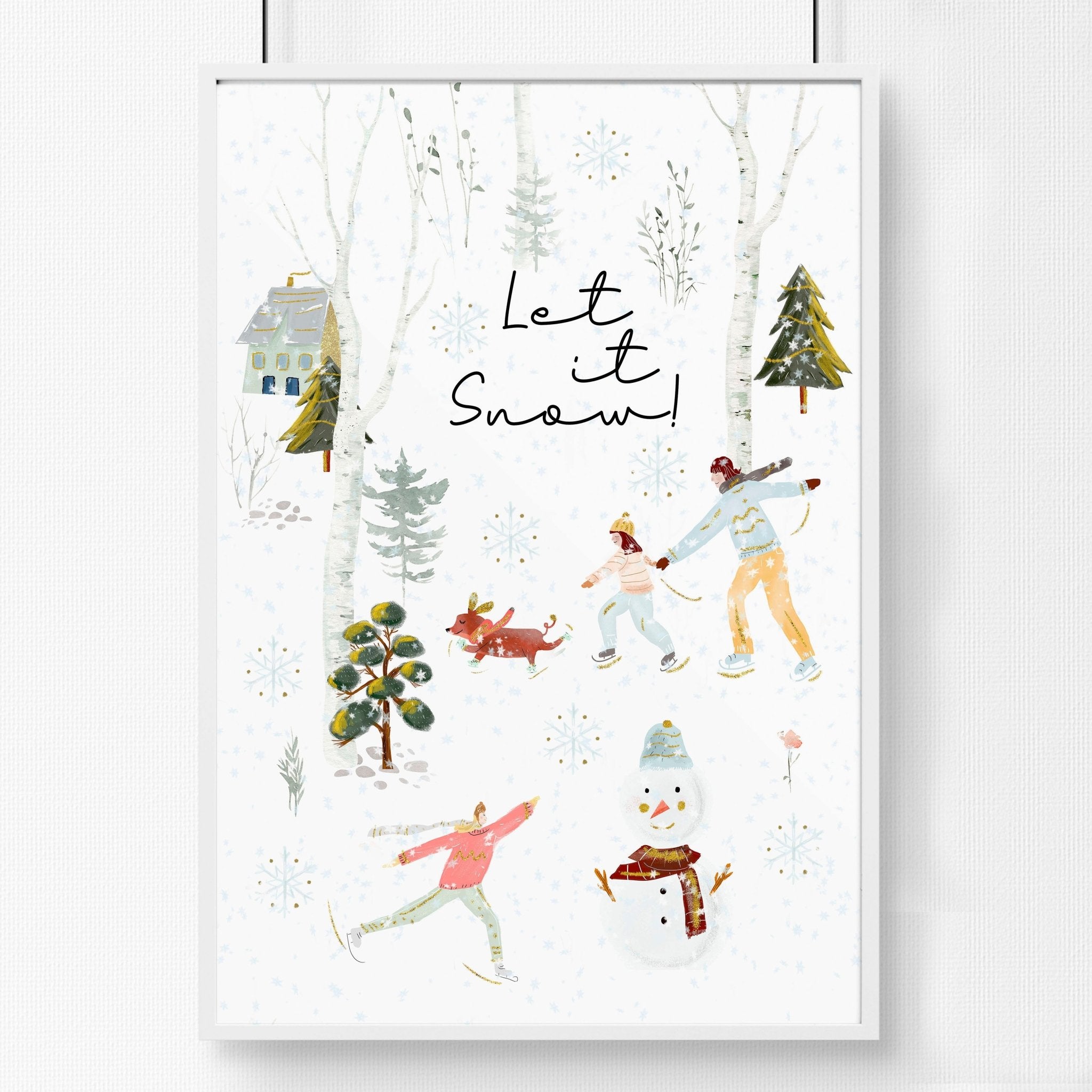 A beautiful Christmas indoor wall art print featuring a snowy forest, a cheerful snowman, and people skating, all in vibrant watercolour.