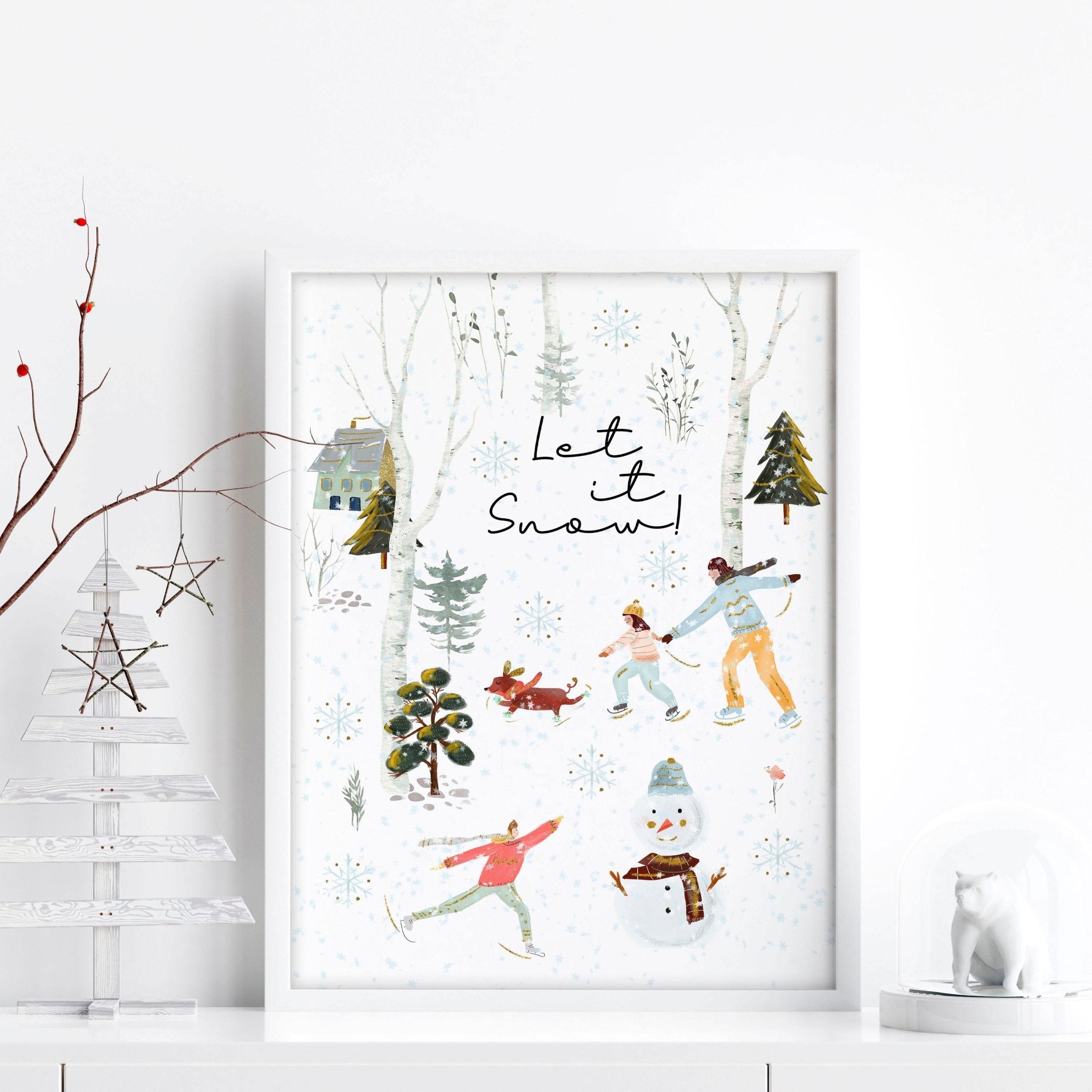 A beautiful Christmas indoor wall art print featuring a snowy forest, a cheerful snowman, and people skating, all in vibrant watercolour.