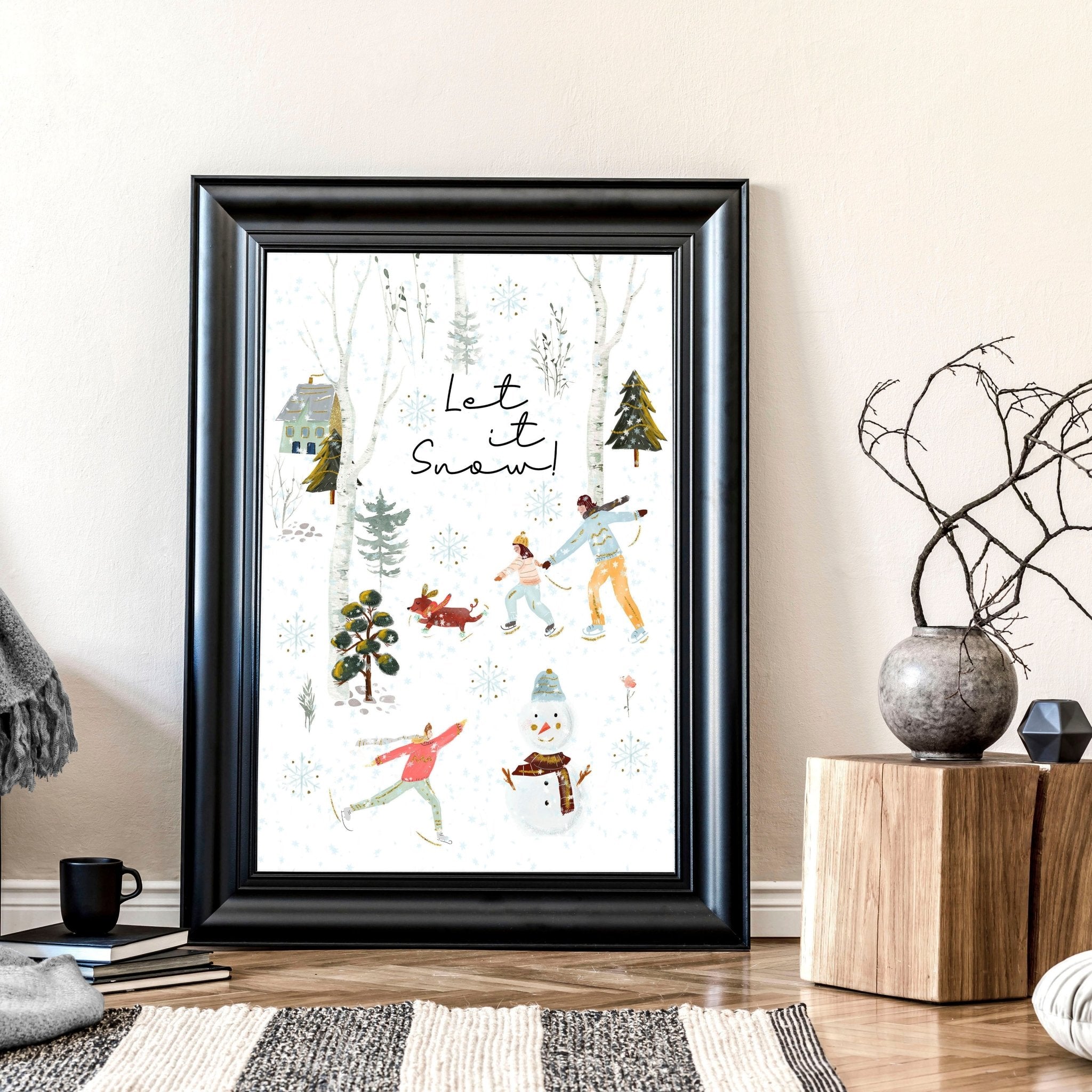 A beautiful Christmas indoor wall art print featuring a snowy forest, a cheerful snowman, and people skating, all in vibrant watercolour.