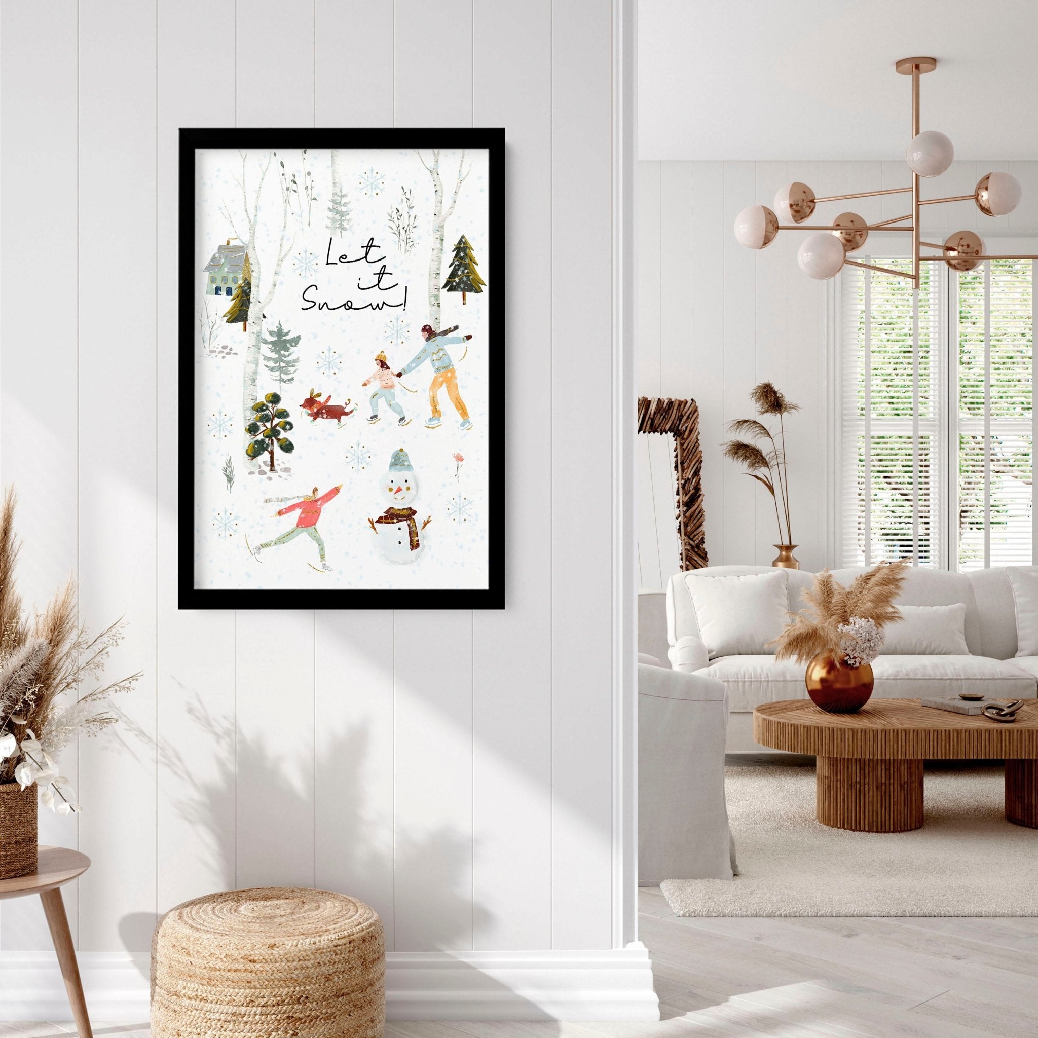 A beautiful Christmas indoor wall art print featuring a snowy forest, a cheerful snowman, and people skating, all in vibrant watercolour.