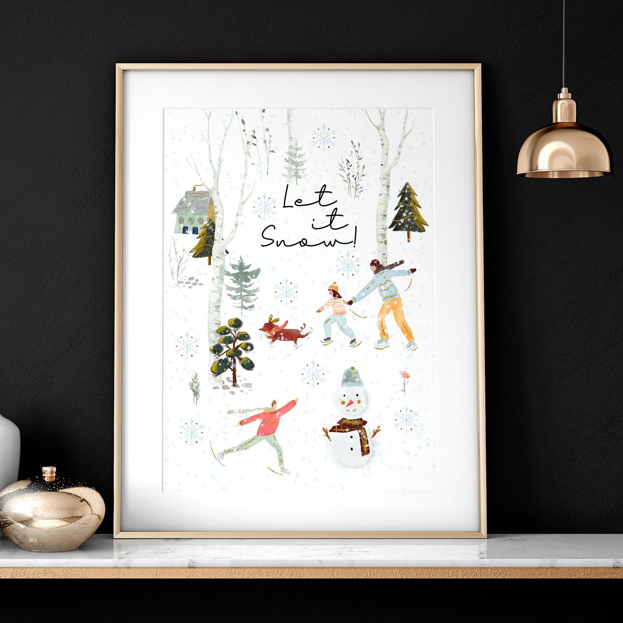 A beautiful Christmas indoor wall art print featuring a snowy forest, a cheerful snowman, and people skating, all in vibrant watercolour.