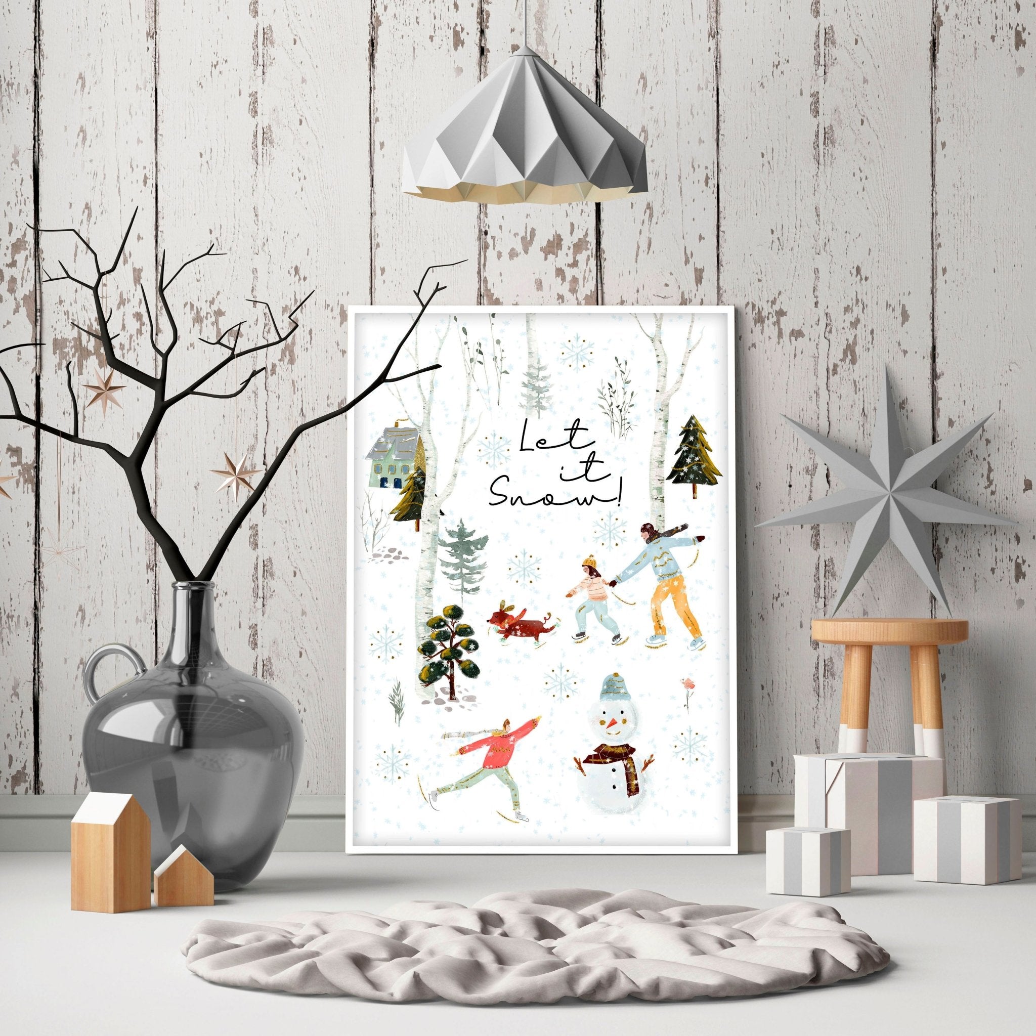 A beautiful Christmas indoor wall art print featuring a snowy forest, a cheerful snowman, and people skating, all in vibrant watercolour.