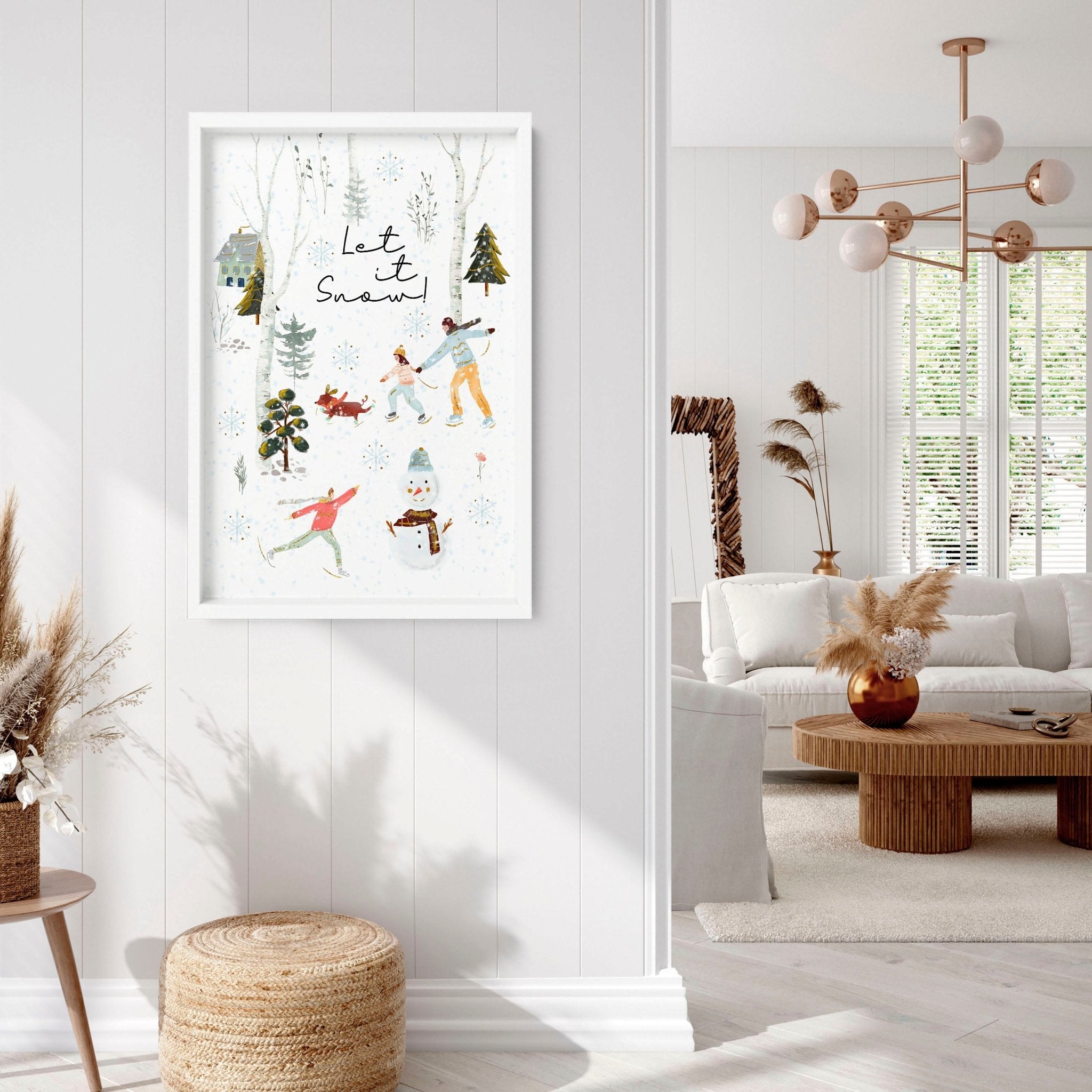 A beautiful Christmas indoor wall art print featuring a snowy forest, a cheerful snowman, and people skating, all in vibrant watercolour.