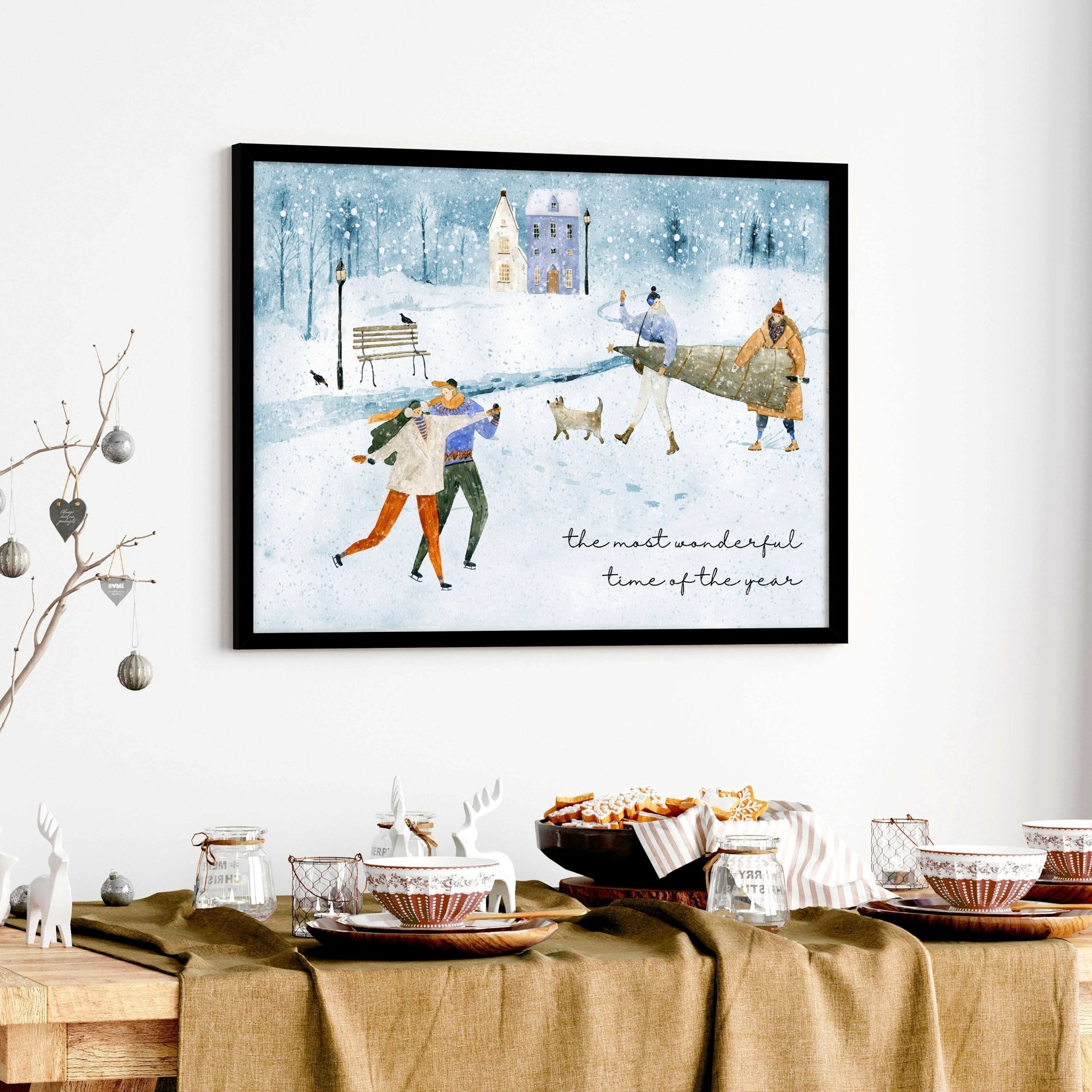 A beautiful Christmas decor wall art print featuring a snowy village scene with joyful skaters and a Christmas tree in soothing bluish tones.