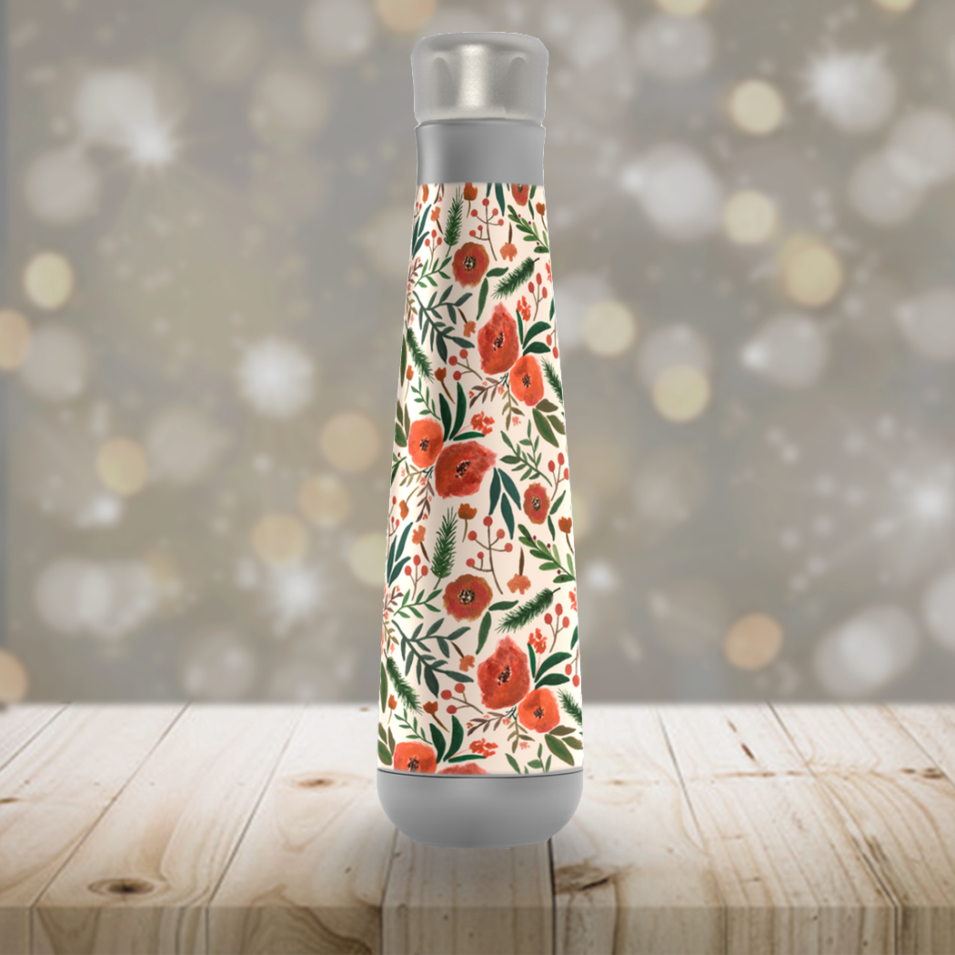 A stylish Christmas Floral Peristyle Water Bottle made of stainless steel, featuring a festive floral design, vacuum insulation, and a screw-on lid.