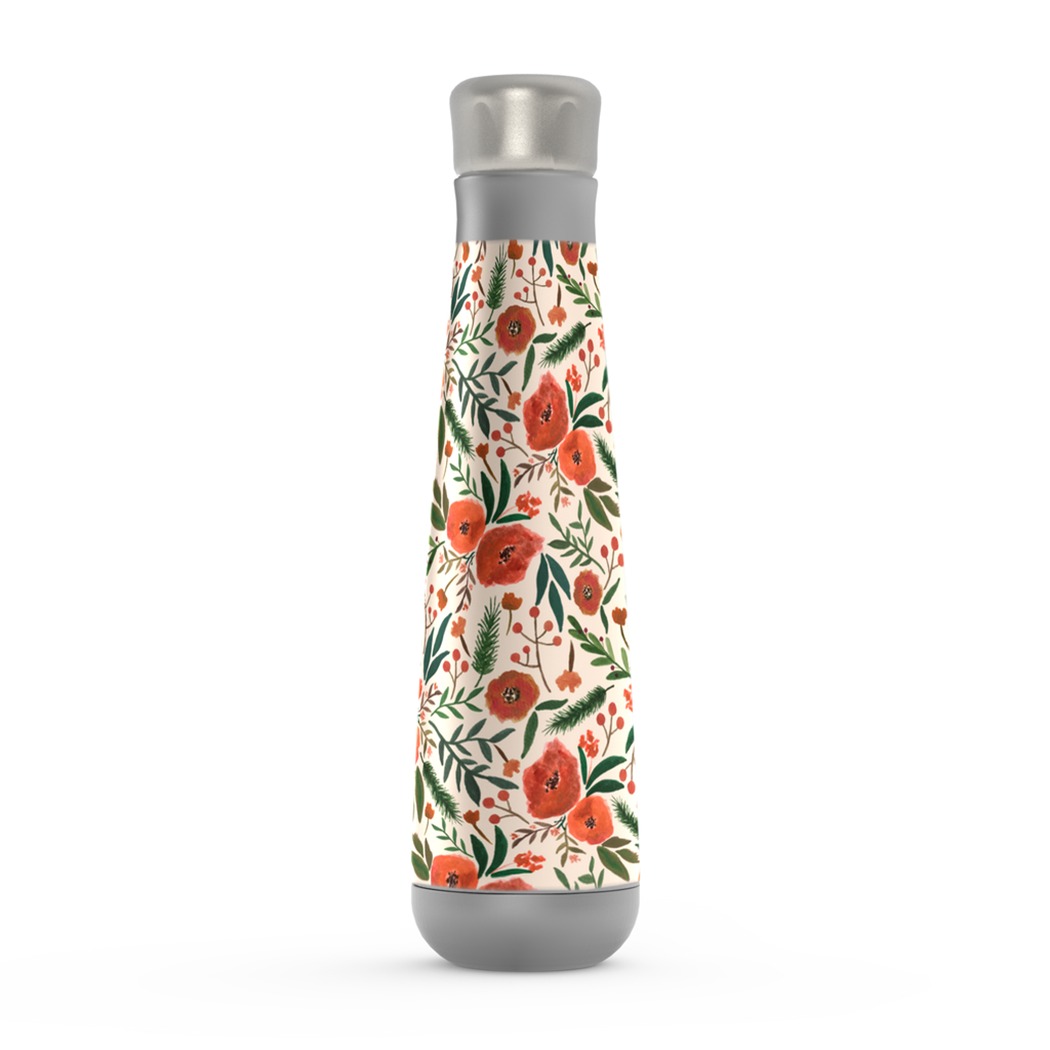 A stylish Christmas Floral Peristyle Water Bottle made of stainless steel, featuring a festive floral design, vacuum insulation, and a screw-on lid.