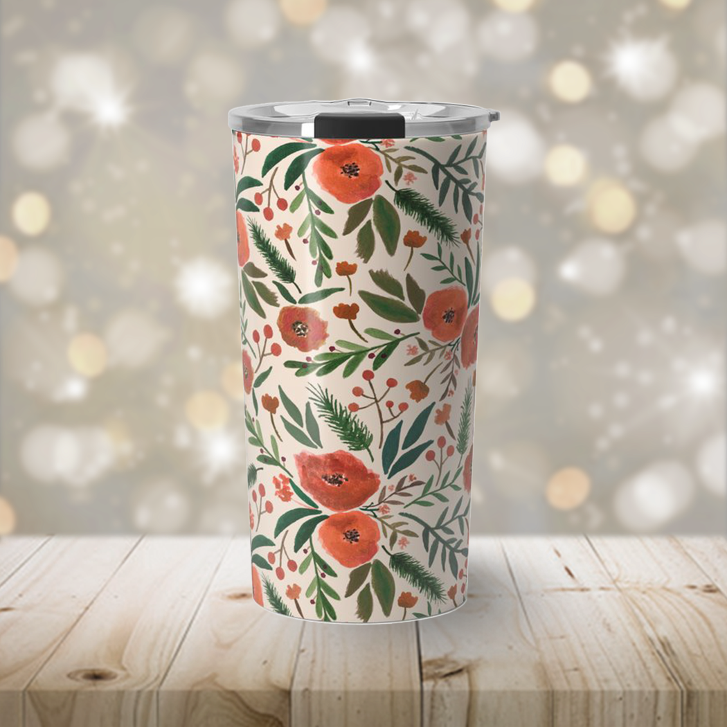 A Christmas Floral Travel Coffee Mug featuring a festive floral design, made of lightweight stainless steel with a double-walled structure.