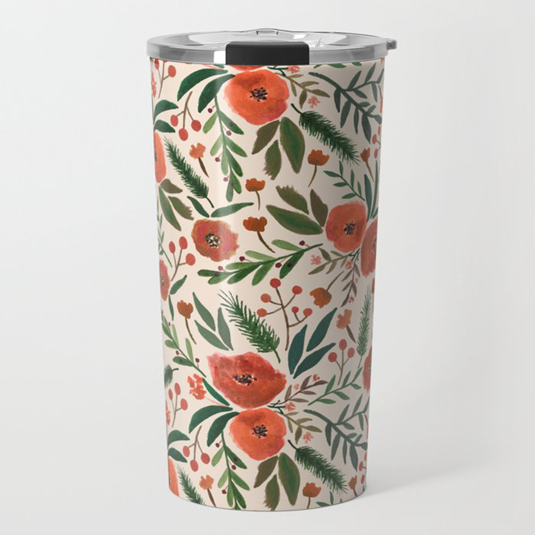 A Christmas Floral Travel Coffee Mug featuring a festive floral design, made of lightweight stainless steel with a double-walled structure.