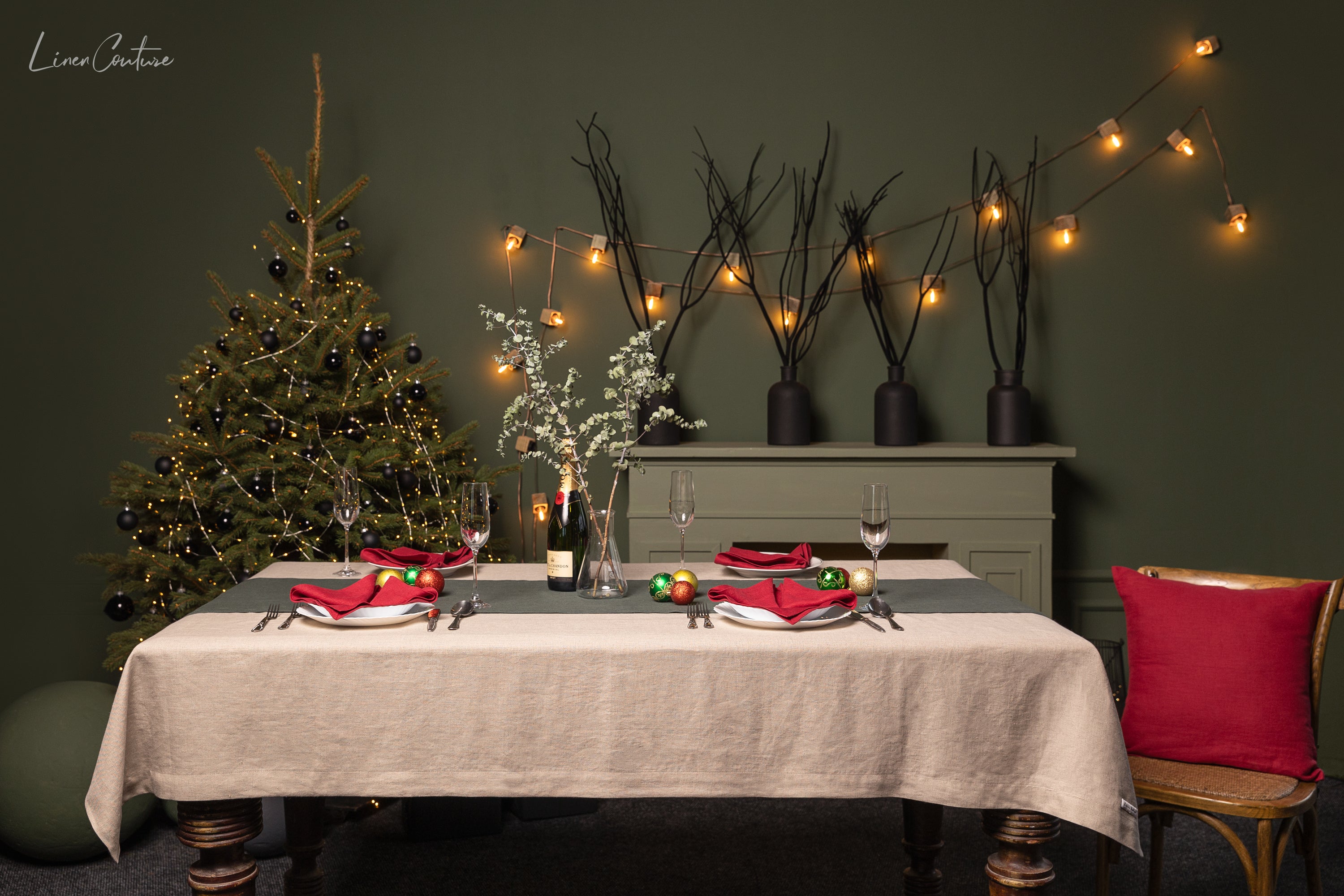 Christmas Greyish Green Dining Table Runner made from 100% European linen, featuring a minimalist design and decorative hem.