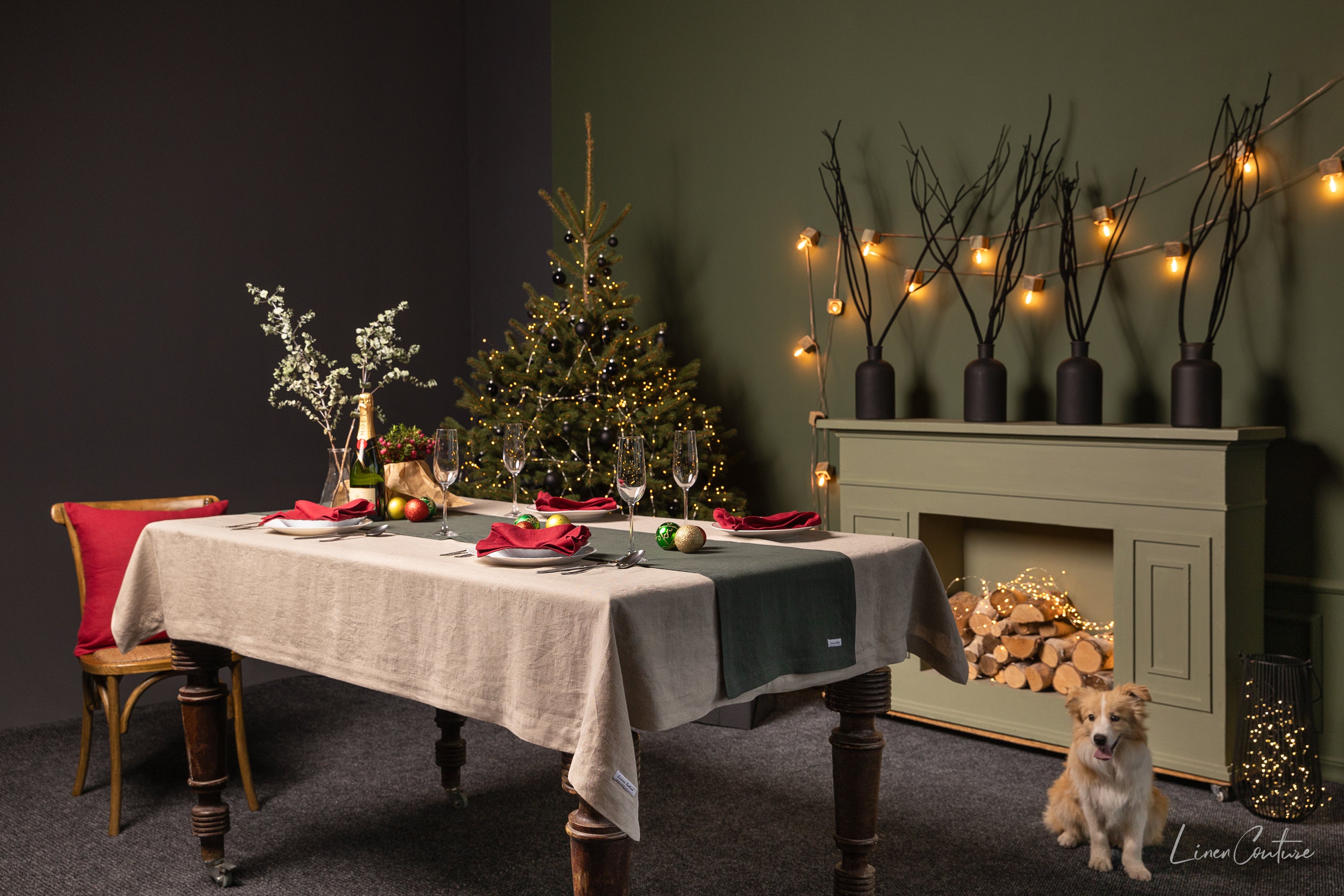 Christmas Greyish Green Dining Table Runner made from 100% European linen, featuring a minimalist design and decorative hem.