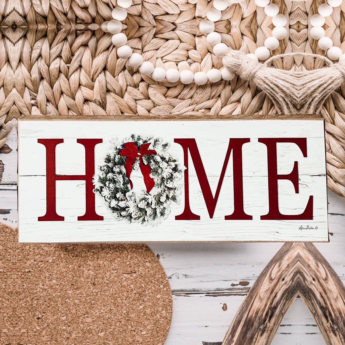 Handmade wooden Christmas Home sign with a festive wreath on the letter 'O', perfect for holiday decor.