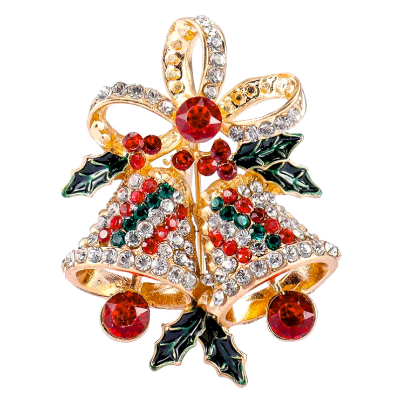 Christmas Jewelry Crystal Rhinestone Bell Charm Brooch Pin featuring gold, green, and red rhinestones in a bell shape.