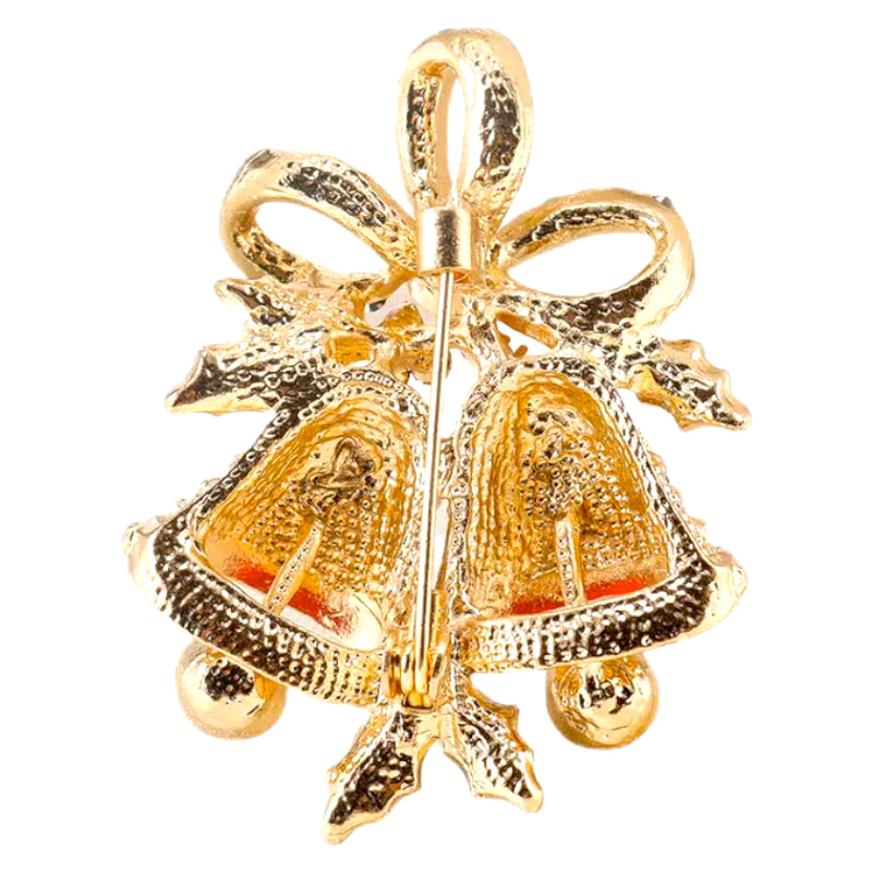 Christmas Jewelry Crystal Rhinestone Bell Charm Brooch Pin featuring gold, green, and red rhinestones in a bell shape.