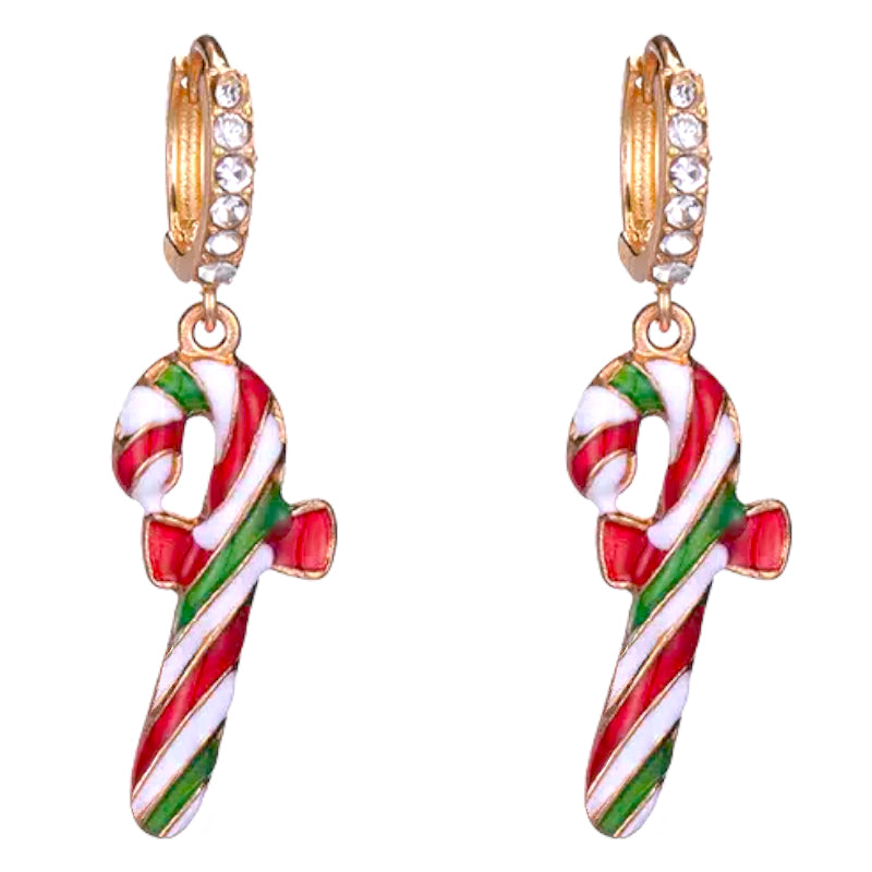 Christmas Jewelry Crystal Rhinestone Candycane Dangle Charm Earrings featuring vibrant colors and gold plating.