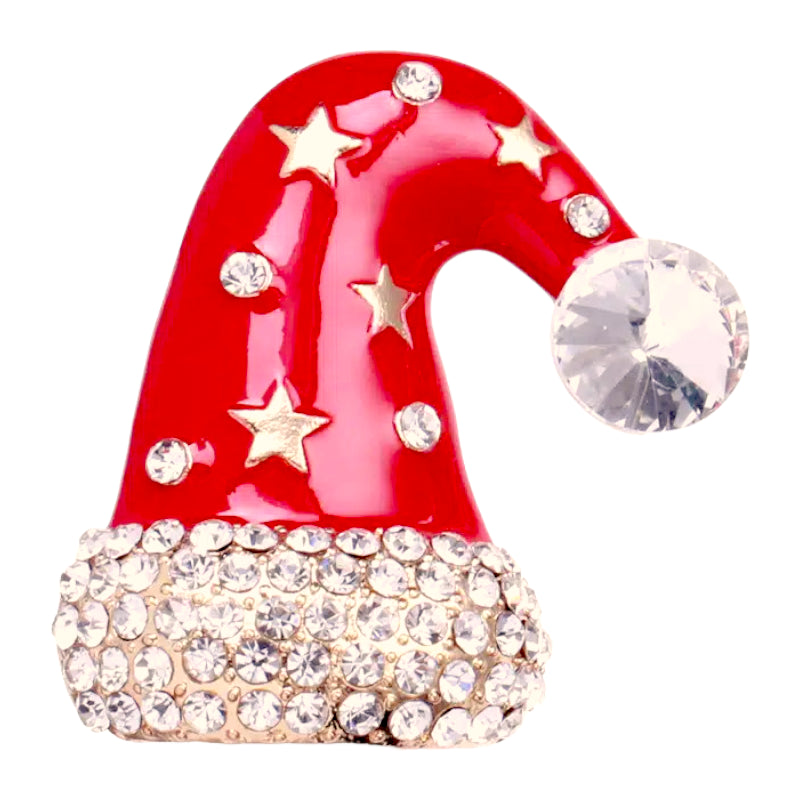 A beautiful Christmas Jewelry Crystal Rhinestone Hat Charm Brooch Pin featuring red and gold colors, adorned with sparkling rhinestones.