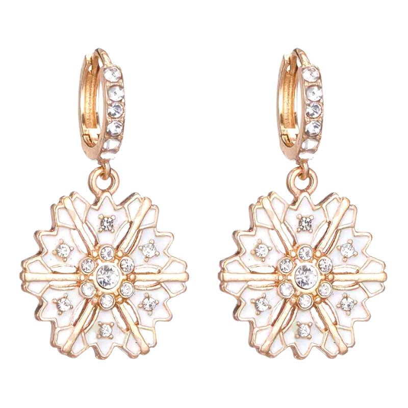 Elegant gold and white snowflake dangle earrings adorned with crystal rhinestones, perfect for Christmas and holiday celebrations.