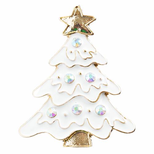 Elegant Christmas tree pin adorned with crystal rhinestones and white enamel, featuring a gold plated finish.