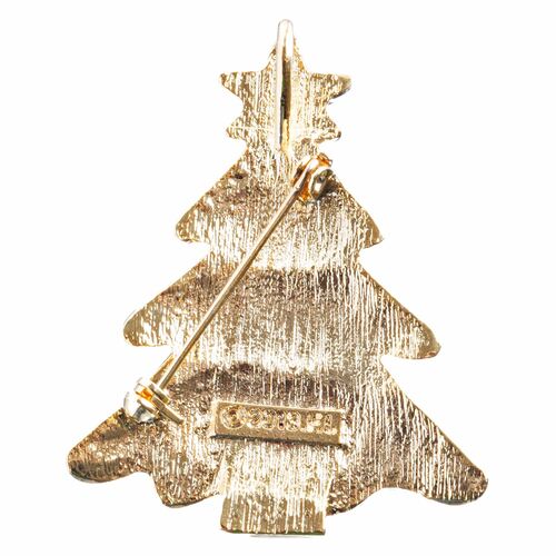 Elegant Christmas tree pin adorned with crystal rhinestones and white enamel, featuring a gold plated finish.