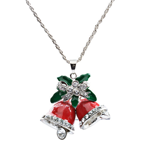 A festive Christmas jewelry necklace featuring red bells and a ribbon charm, adorned with sparkling crystal rhinestones.