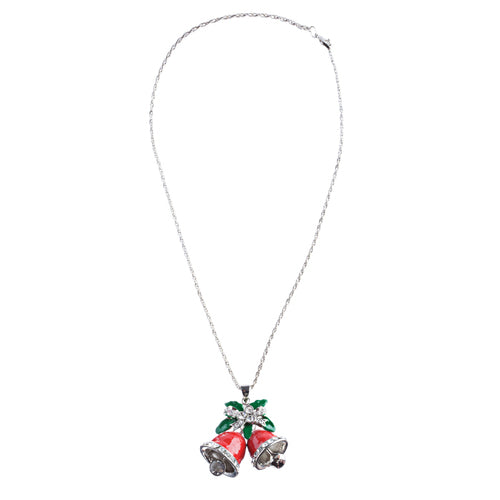 A festive Christmas jewelry necklace featuring red bells and a ribbon charm, adorned with sparkling crystal rhinestones.