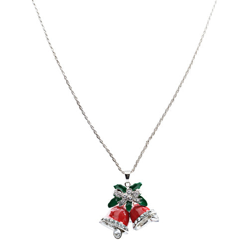 A festive Christmas jewelry necklace featuring red bells and a ribbon charm, adorned with sparkling crystal rhinestones.