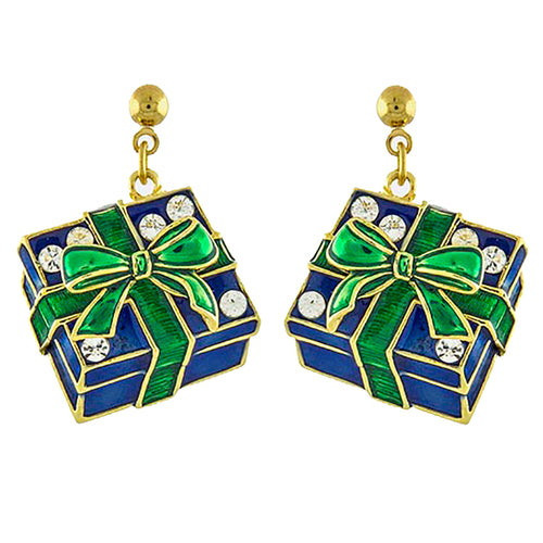 Elegant Christmas Jewelry Gift Box Earrings featuring gold, clear, green, and navy blue rhinestones in a festive design.