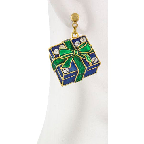 Elegant Christmas Jewelry Gift Box Earrings featuring gold, clear, green, and navy blue rhinestones in a festive design.