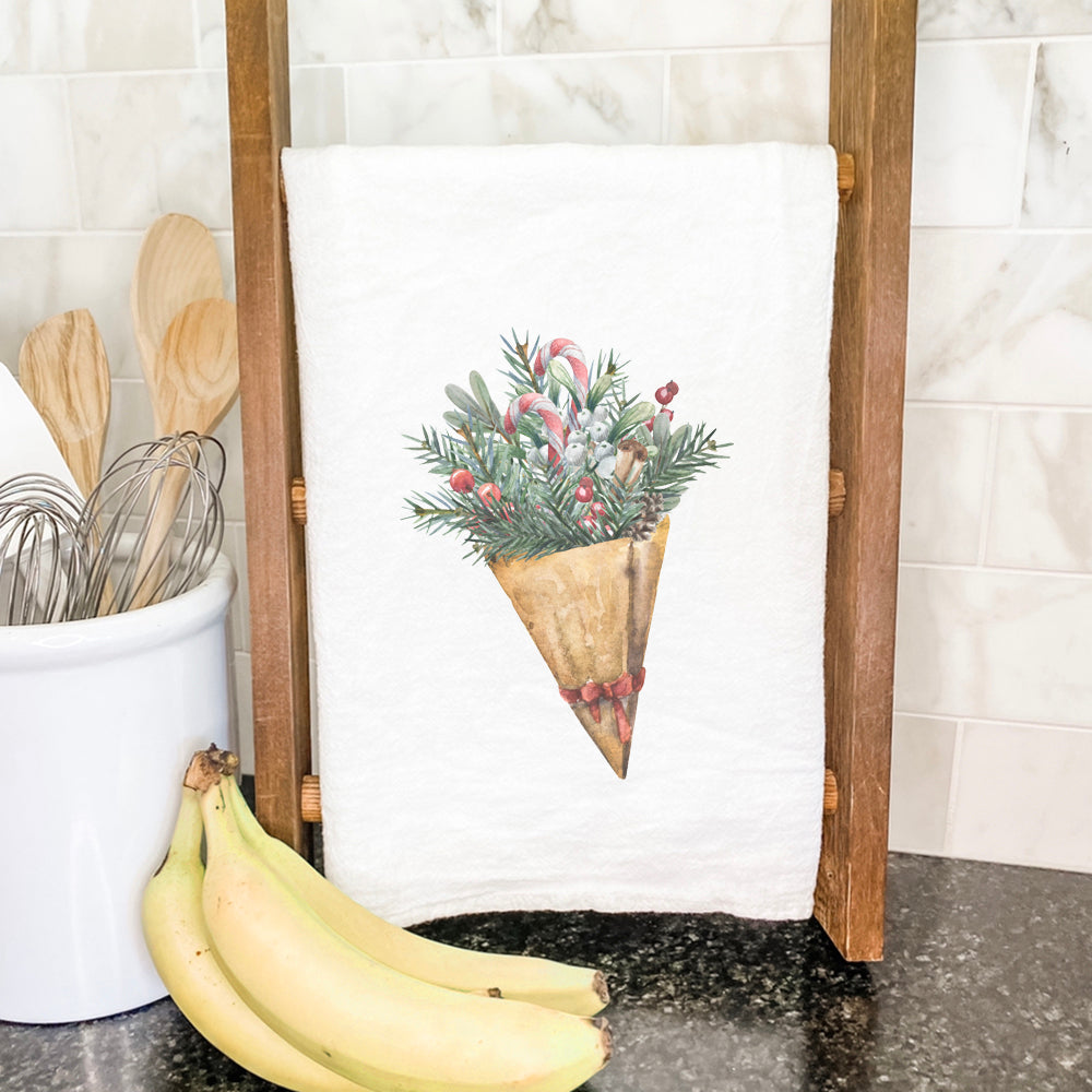 A beautifully designed Christmas Pine Bouquet cotton tea towel, featuring vibrant colors and a festive pine motif, perfect for holiday decor.