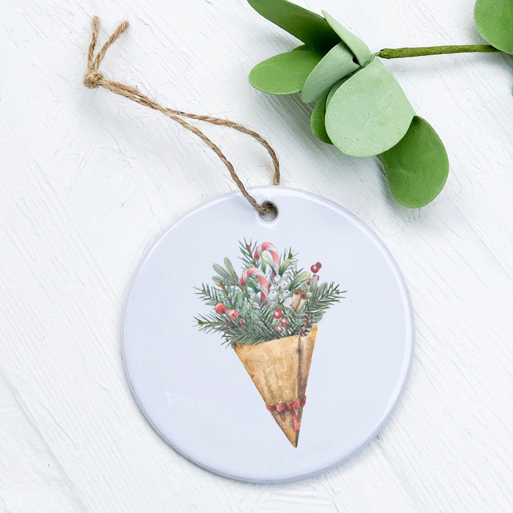 A beautifully crafted porcelain Christmas Pine Bouquet ornament featuring original designs, perfect for holiday gifting.