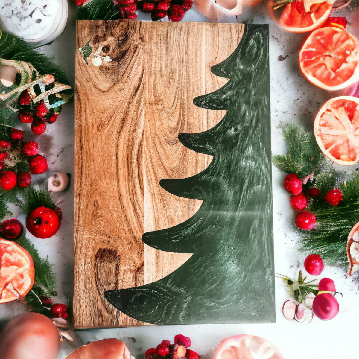 Hand-crafted Christmas Serving Board with marbled tree inlay, made from Acacia wood and resin, perfect for holiday gatherings.