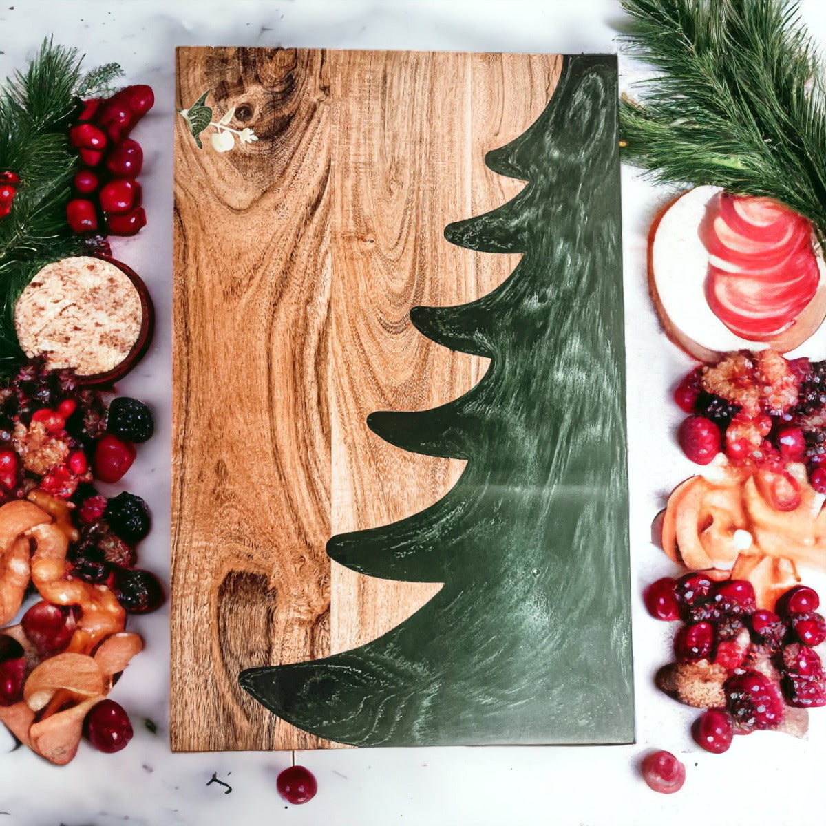 Hand-crafted Christmas Serving Board with marbled tree inlay, made from Acacia wood and resin, perfect for holiday gatherings.